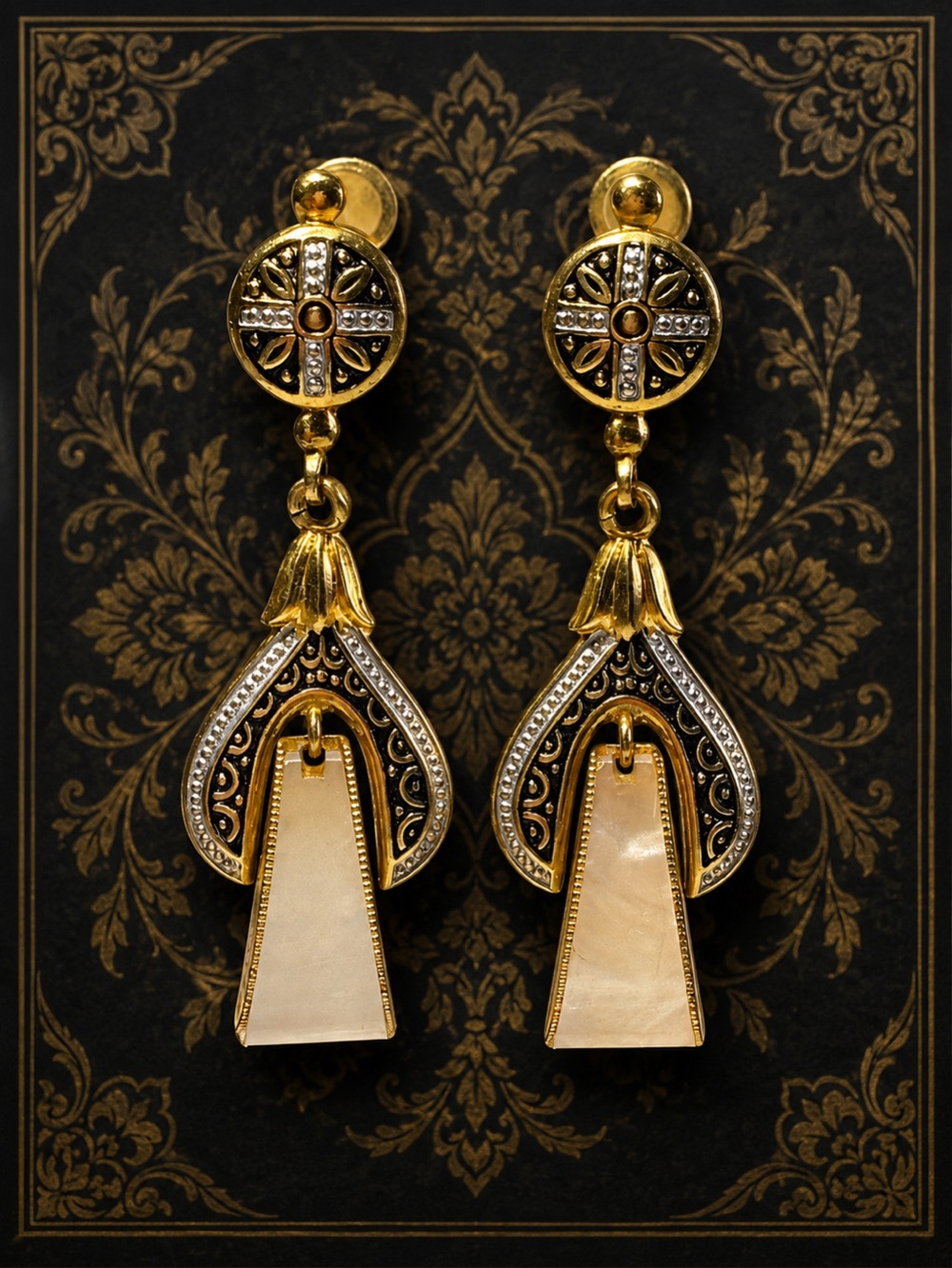 Vintage Damascene Style Mother of Pearl Screw Back Dangle Earrings